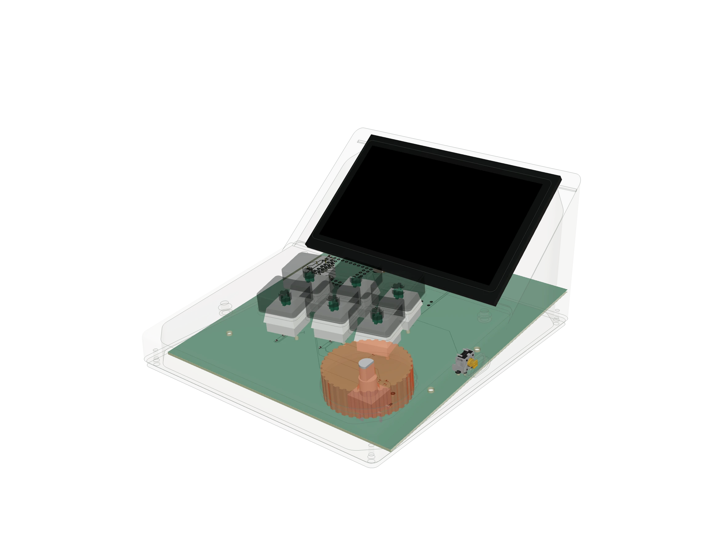 CMD-1 x-ray render: the enclosure shown see-through over the main board, key switches, dial encoder, controller module and display